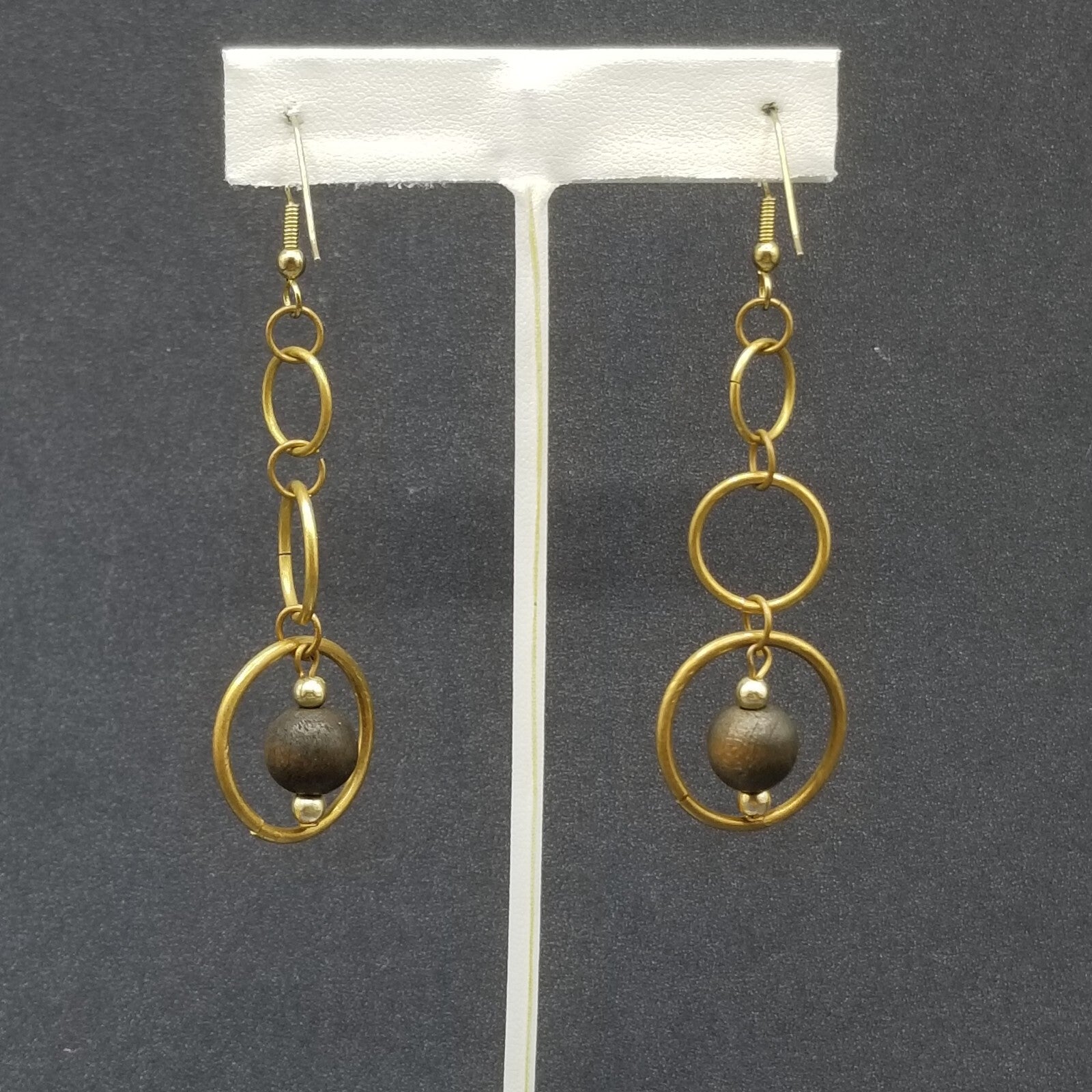 Pierced Earrings Antiqued Gold tone Graduated Chain Wood Bead Dangle 2 1/8"
