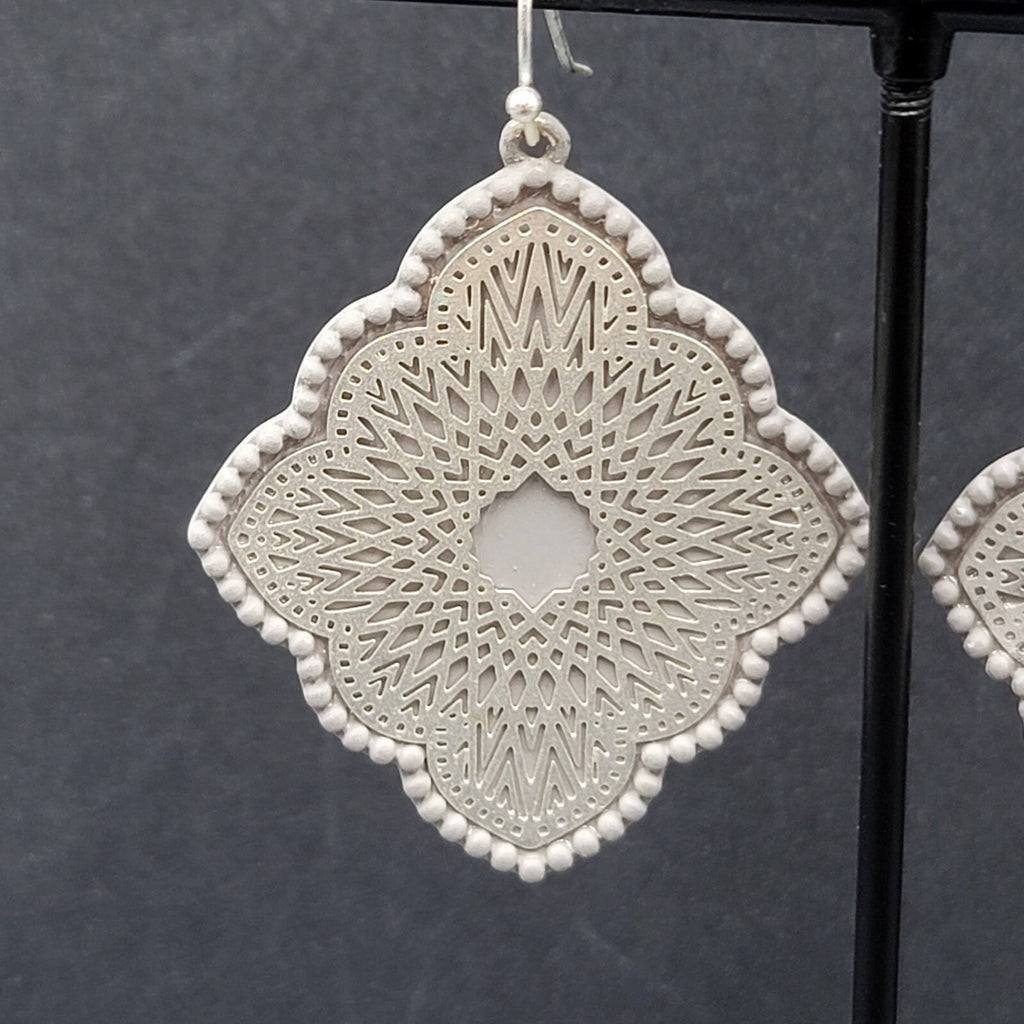 Pierced Earrings Silver tone Gray Enamel Filigree Enamel 1.75"