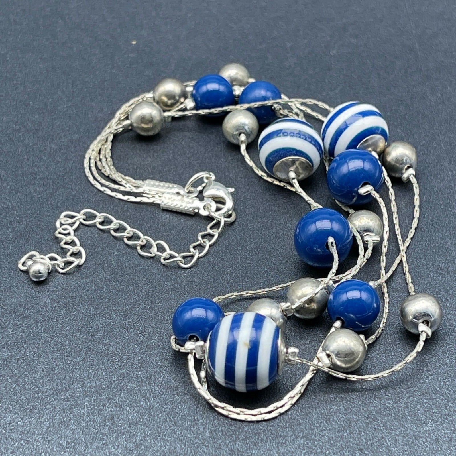 Vintage Silver tone Triple Chain Blue Stripe Bead Station Necklace 15.5" - 17.5"