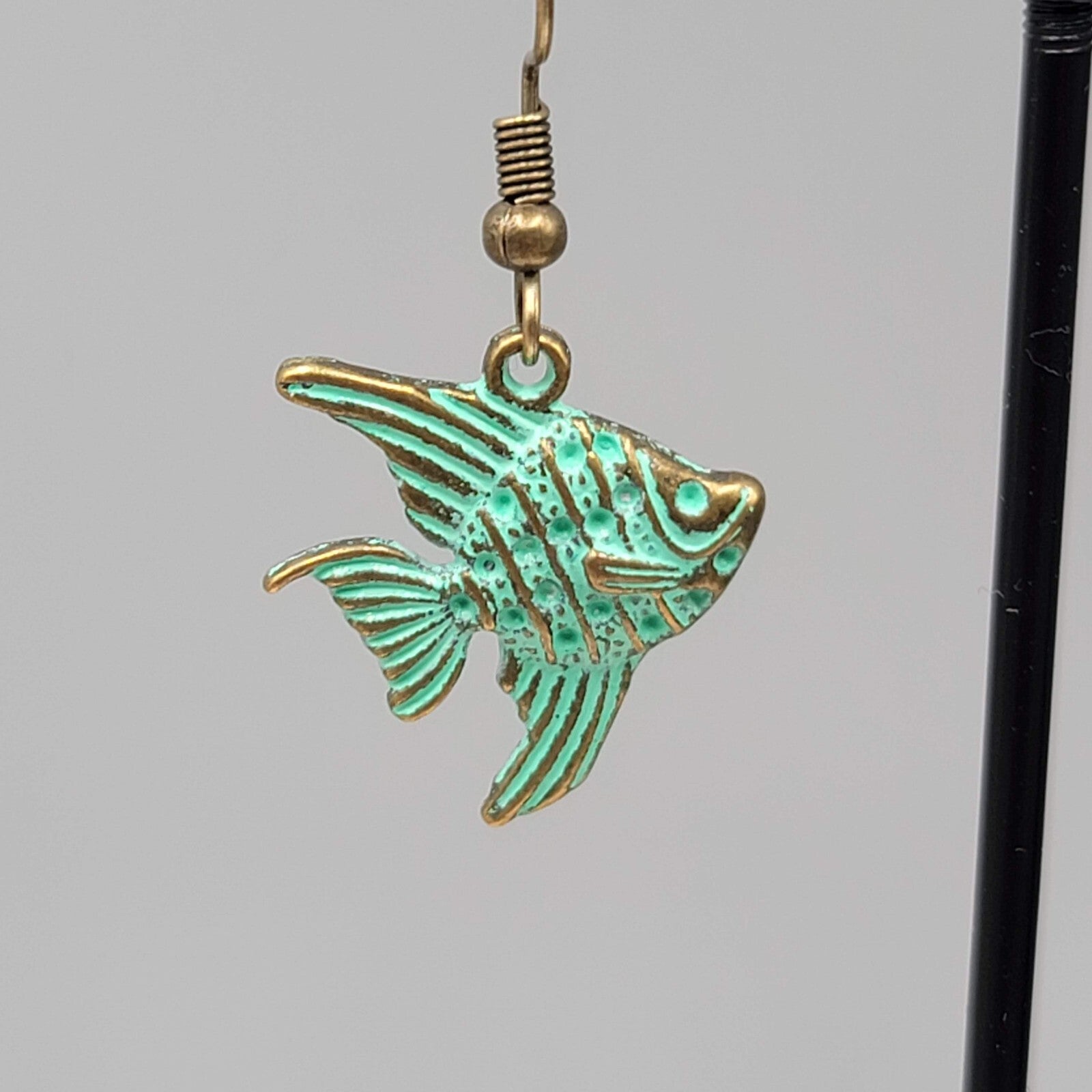 Angelfish Beach Sea life Pierced Earrings Bronze tone Green wash Dangle 3/4"