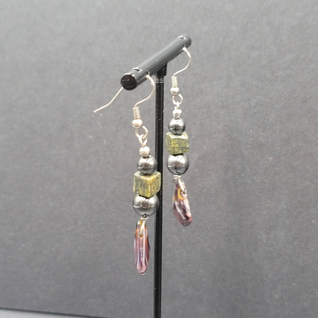 Vintage Pierced Earrings Magnetic Hematite Green Stone Beaded Dangle 1.75"
