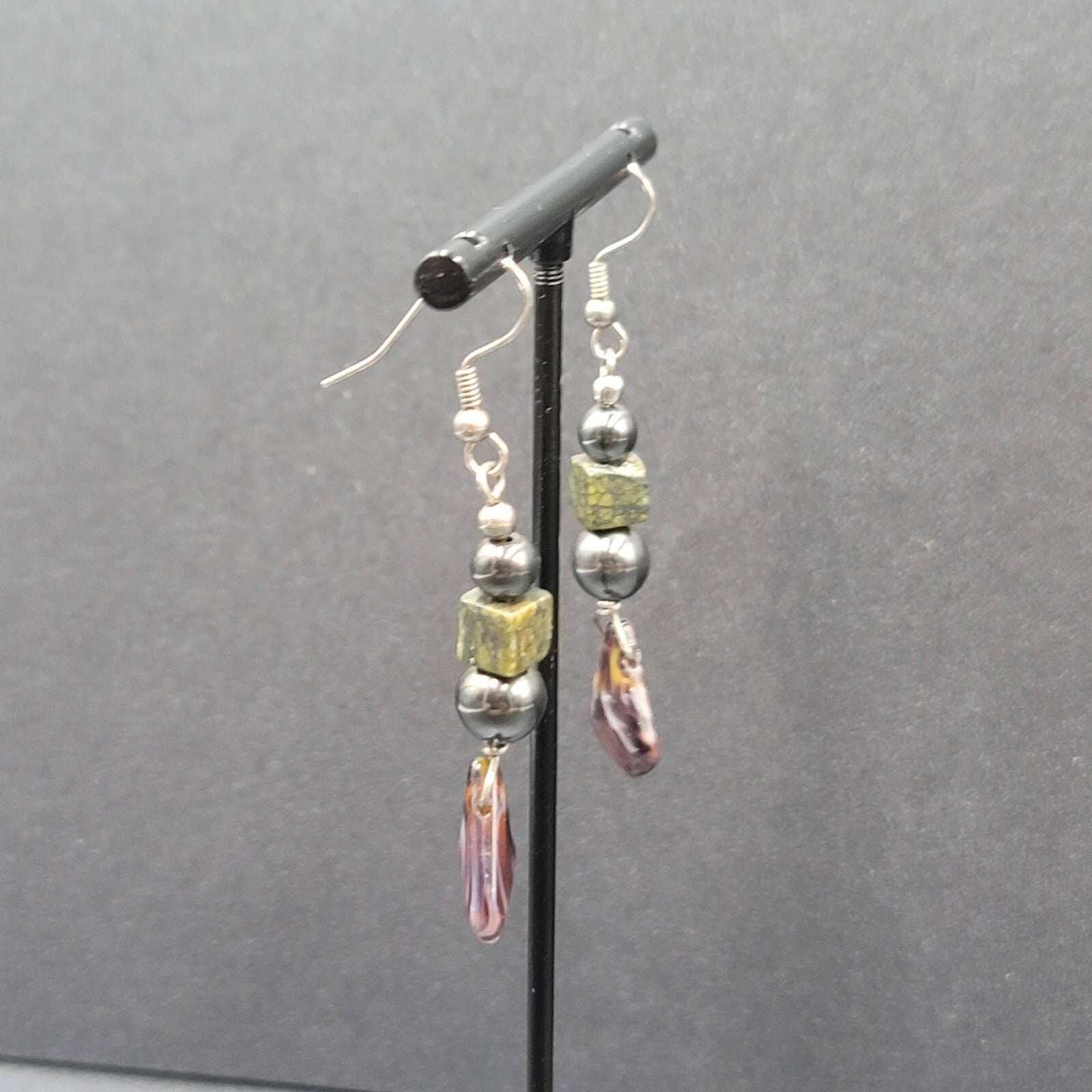 Vintage Pierced Earrings Magnetic Hematite Green Stone Beaded Dangle 1.75"