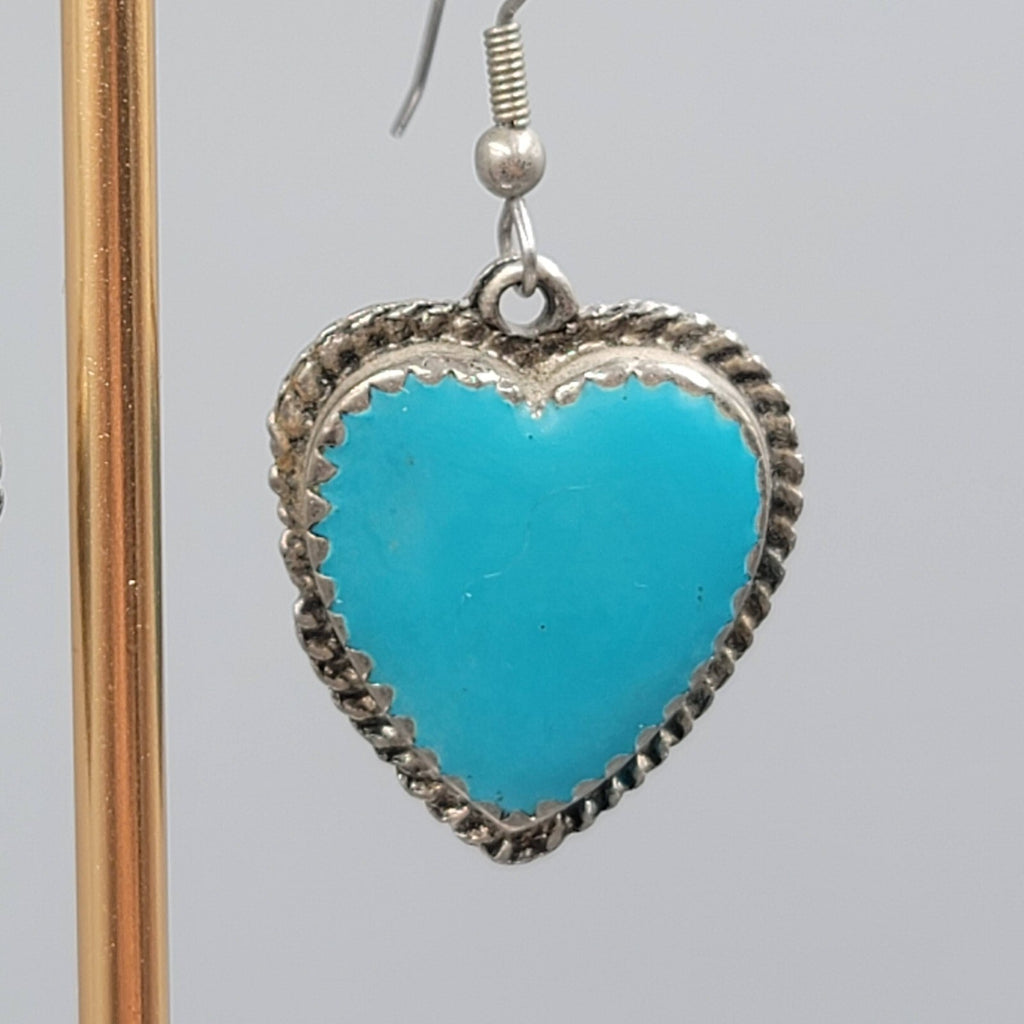 Vintage Heart Pierced Earrings Blue Enamel Southwest Statement Dangle  1 1/8"