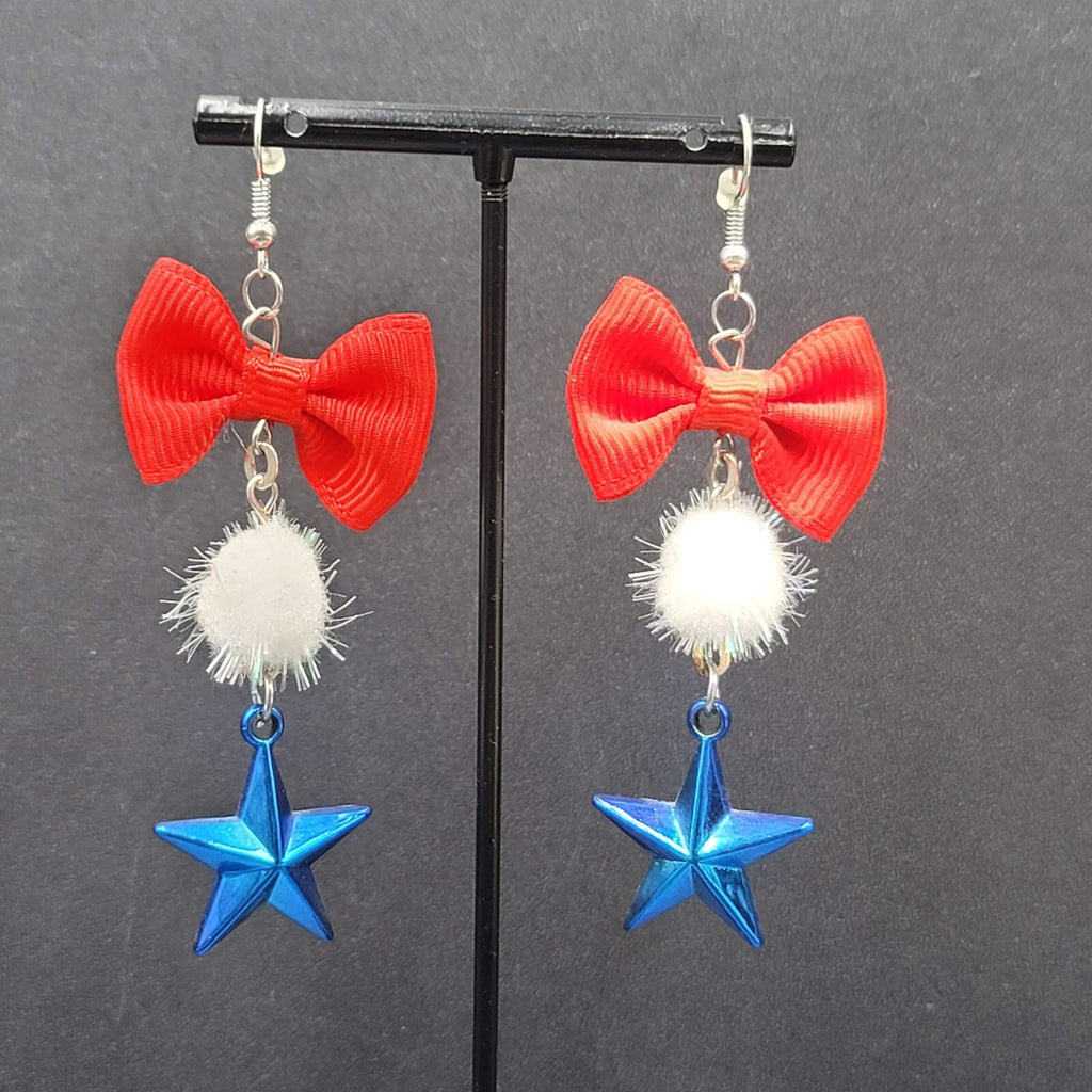 Patriotic Pierced Earrings Red Ribbon Bow Pom Pom Blue Star 2.75"