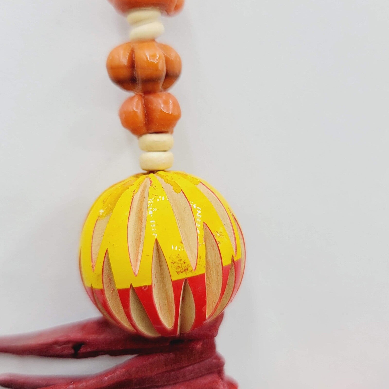 Vintage African Colorful Wooden Carved Beaded Necklace 26" Yellow Orange