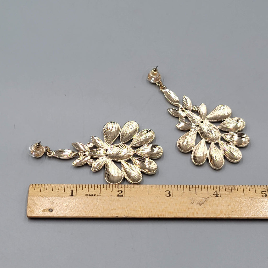 Large Statement Dangle Pierced Earrings Gold Tone Beige Cream 3"