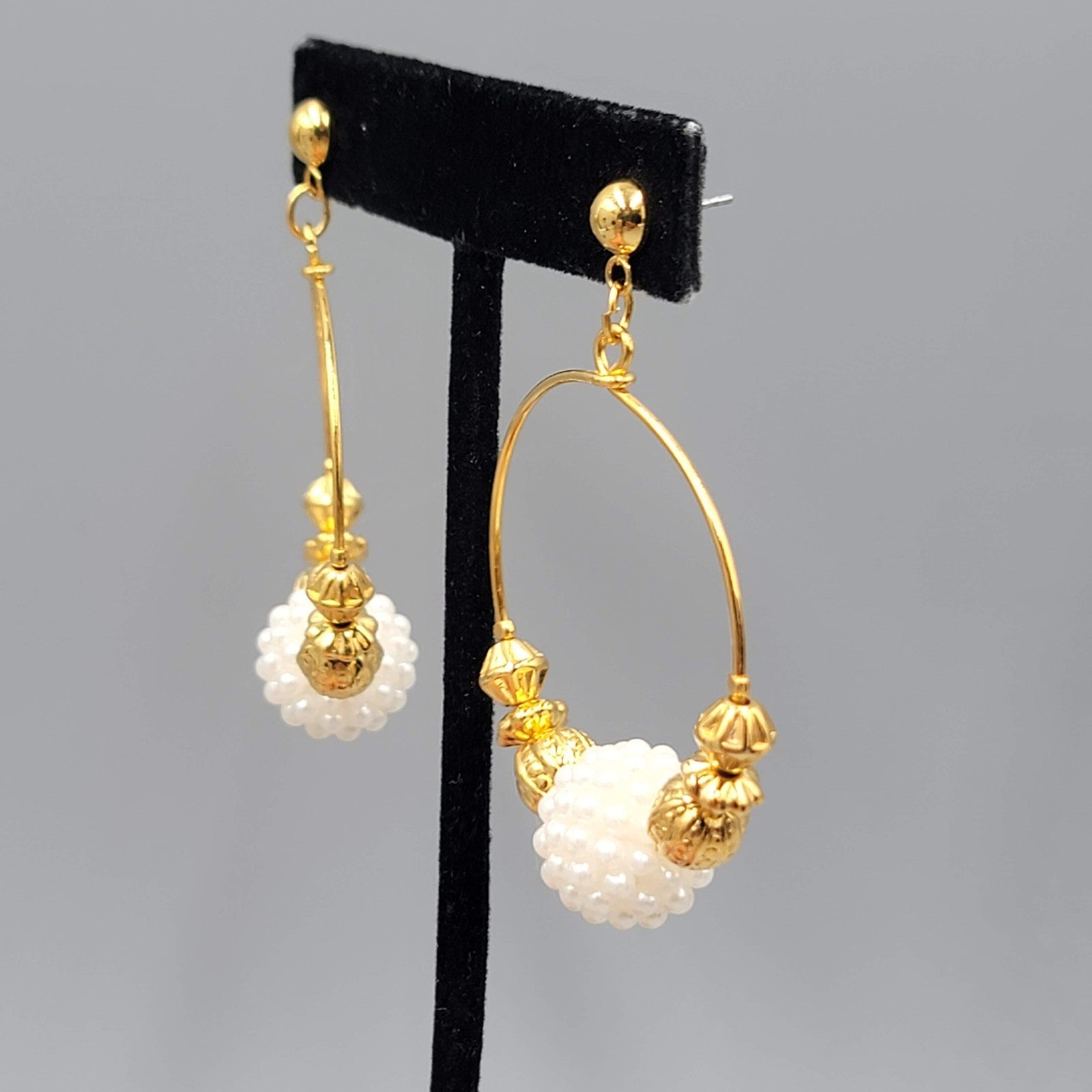 Beaded Hoops Pierced Earrings Gold tone Dangle 2"