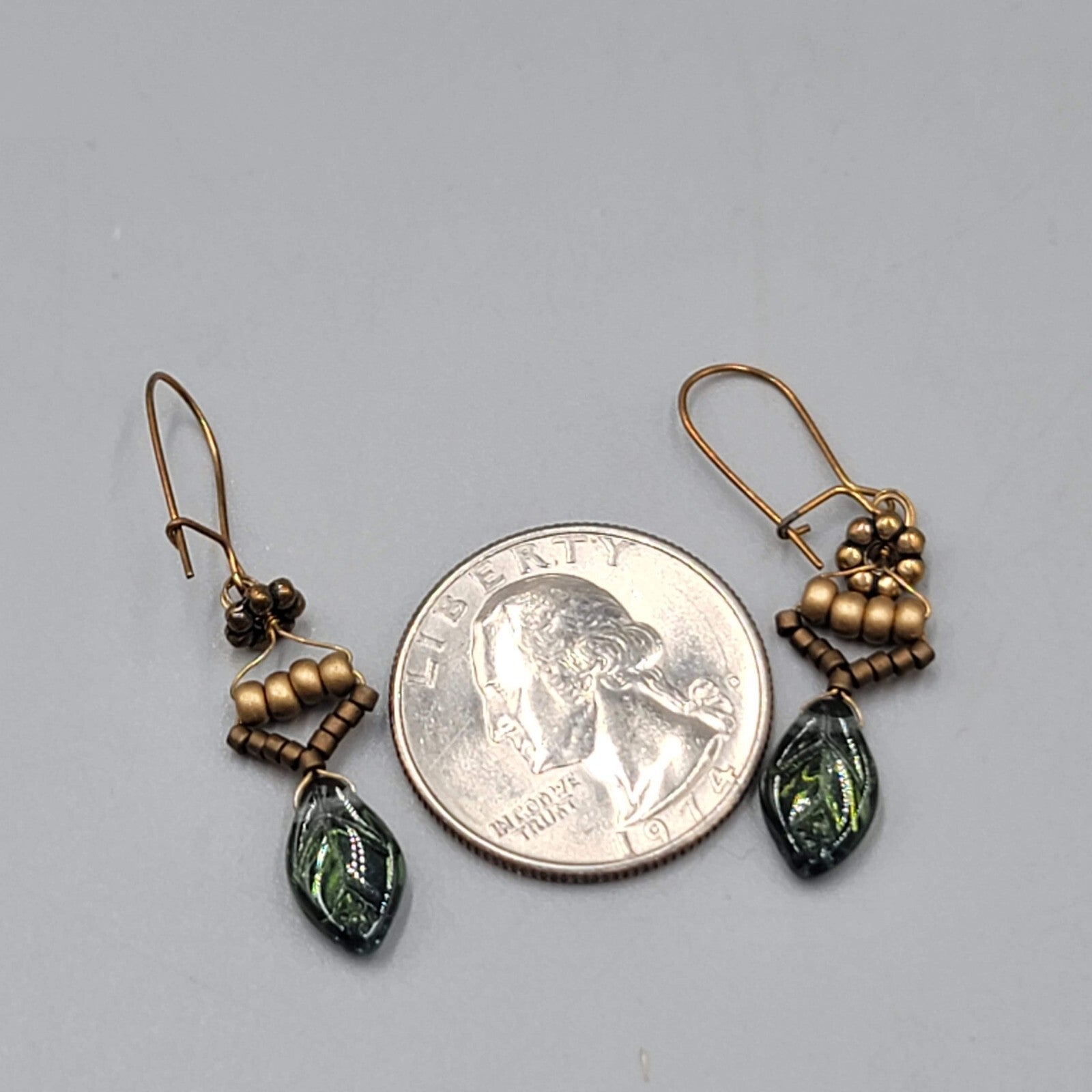 Glass Leaf Iridescent Pierced Earrings Beaded Copper tone Dangle 1"
