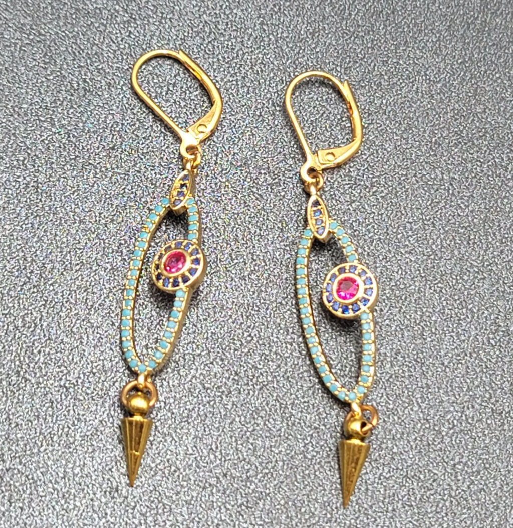Pierced Earrings Gold tone Blue Pink Crystals Evil Eye Dangle 1 5/8"