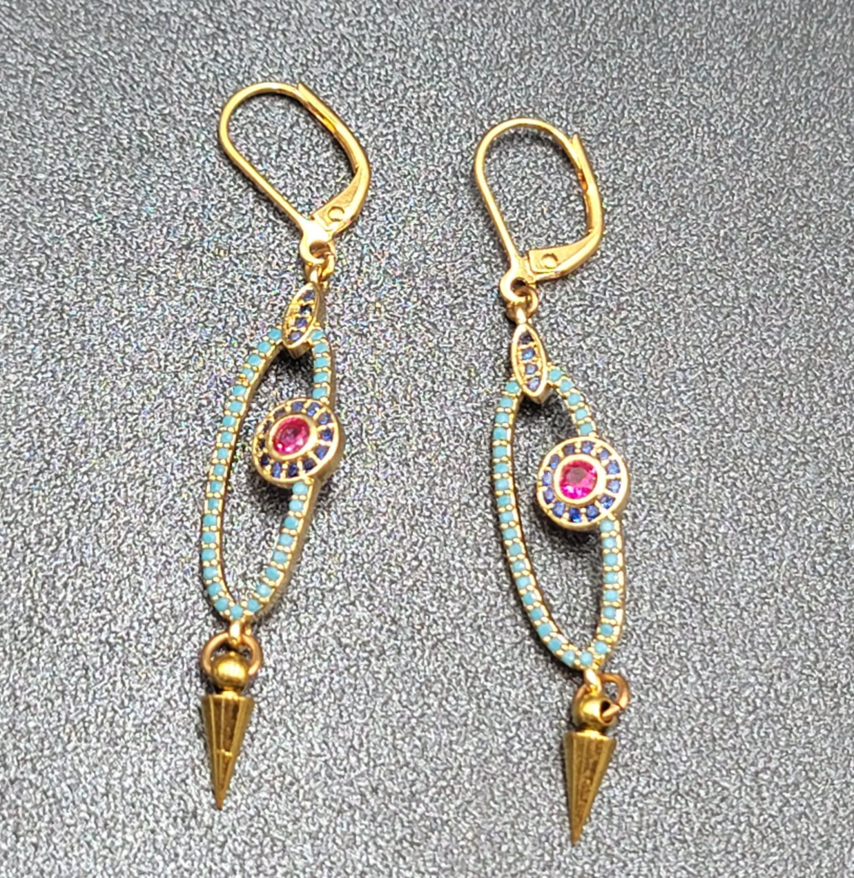 Pierced Earrings Gold tone Blue Pink Crystals Evil Eye Dangle 1 5/8"