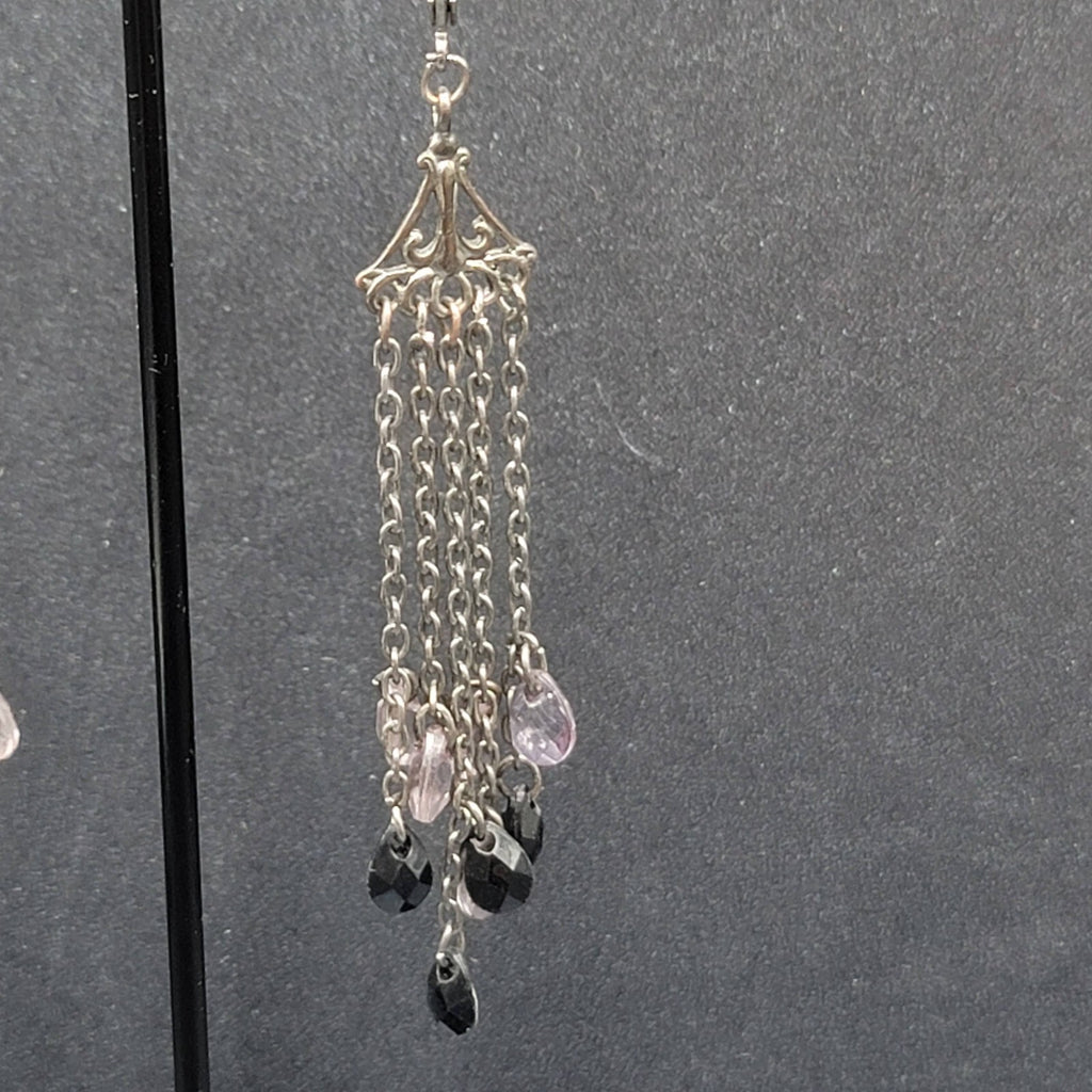 Pierced Earrings Gun Metal Gray Multi Chain Purple Black Beads 2 7/8"