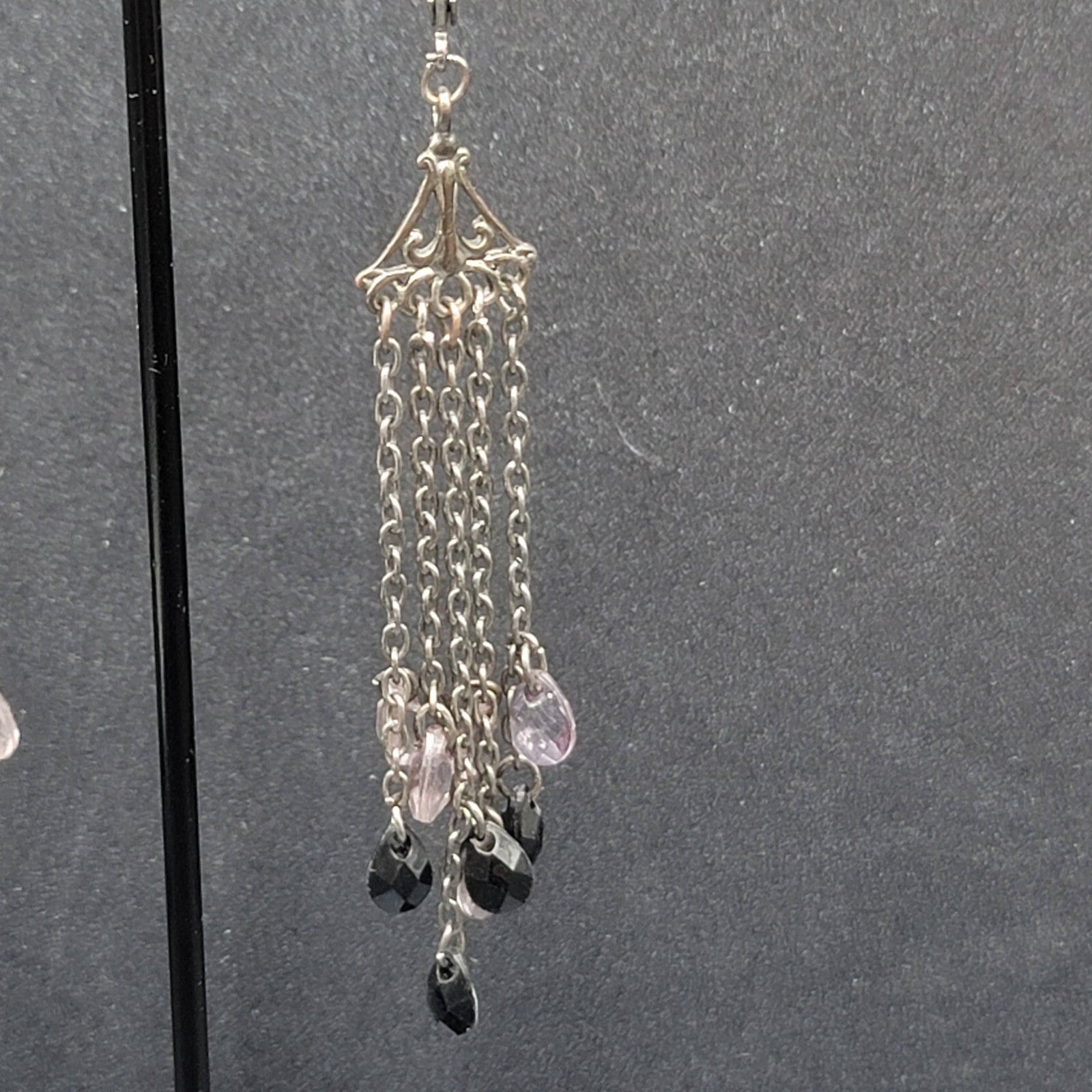 Pierced Earrings Gun Metal Gray Multi Chain Purple Black Beads 2 7/8"