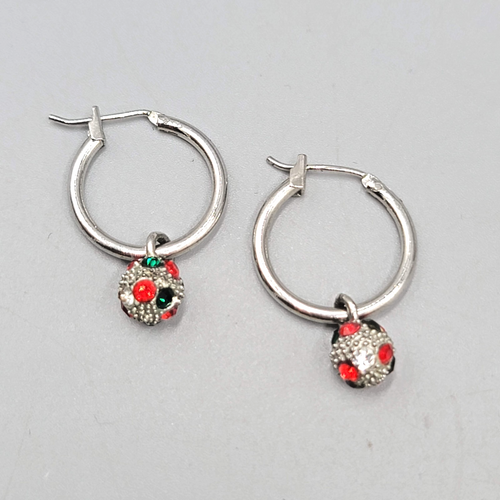 Christmas Red Green Crystal Pierced Earrings Silver tone Dangle Hoops 1 in