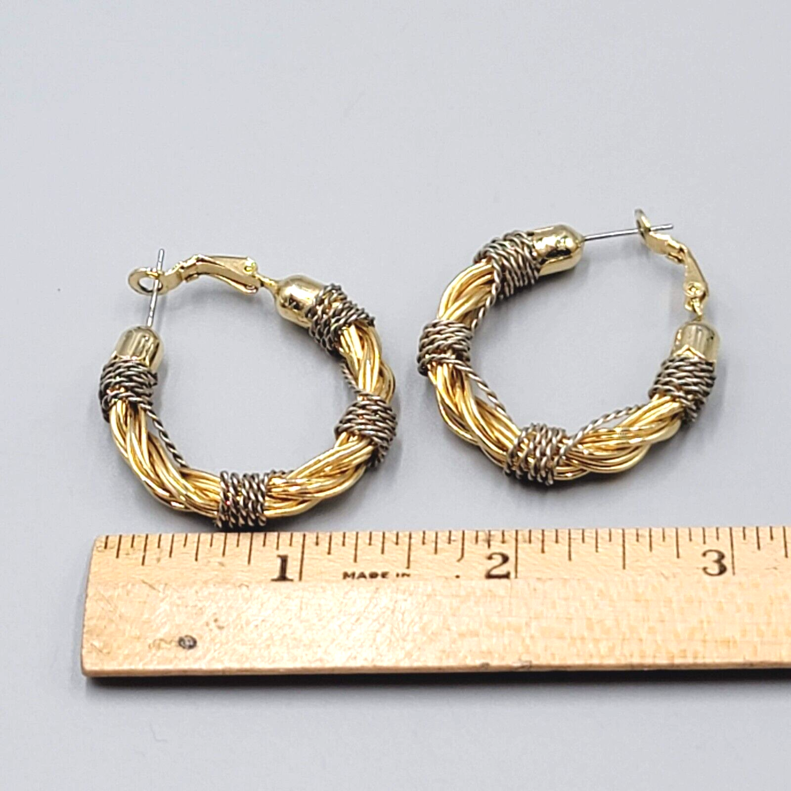 Twist Wire Hoops Pierced Earrings Gold tone Silver tone Two Tone 1.25"