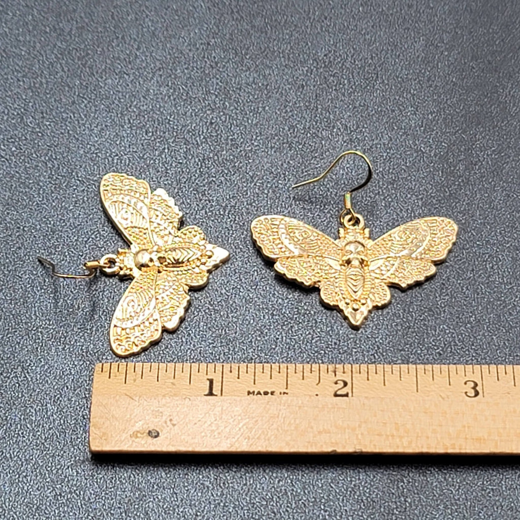 Death Head Moth Pierced Earrings Gold tone Dangle 1" x 1 5/8" 