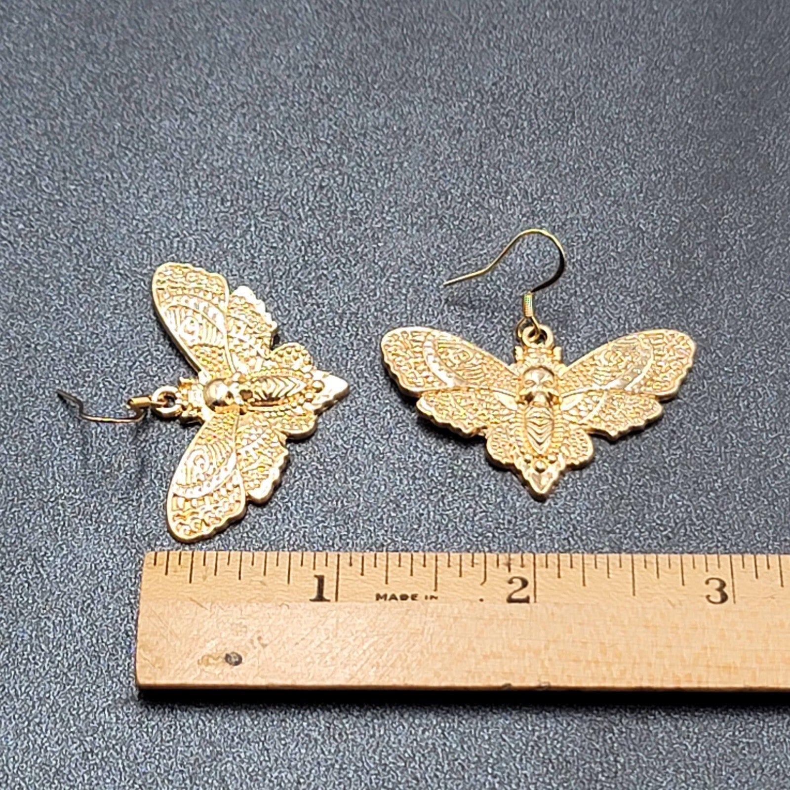 Death Head Moth Pierced Earrings Gold tone Dangle 1" x 1 5/8" 