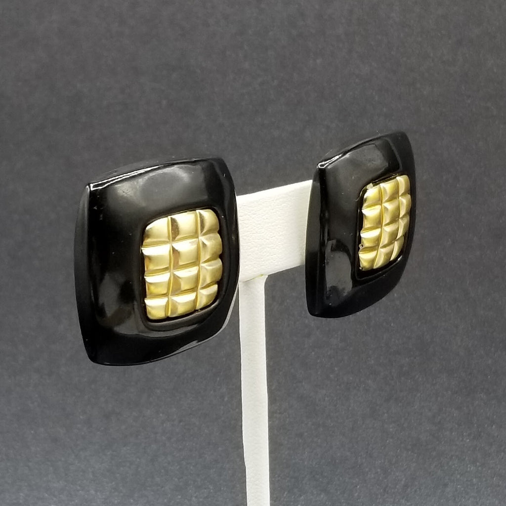 Vintage 1980's Pierced Earrings Black and Gold Acrylic Rectangle Stud 1 1/4"