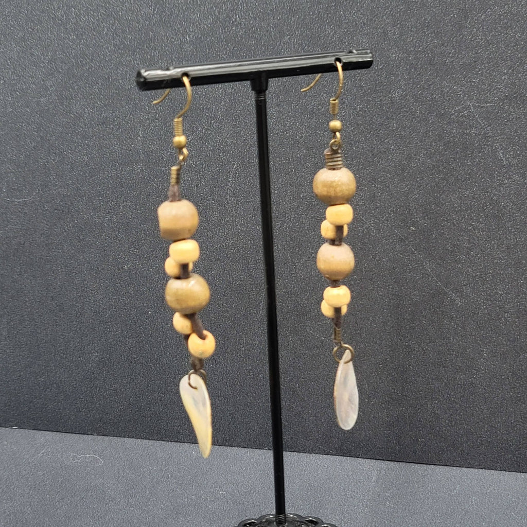 Boho Pierced Earrings Brown Cord Wooden Bead Shell Dangle 3"