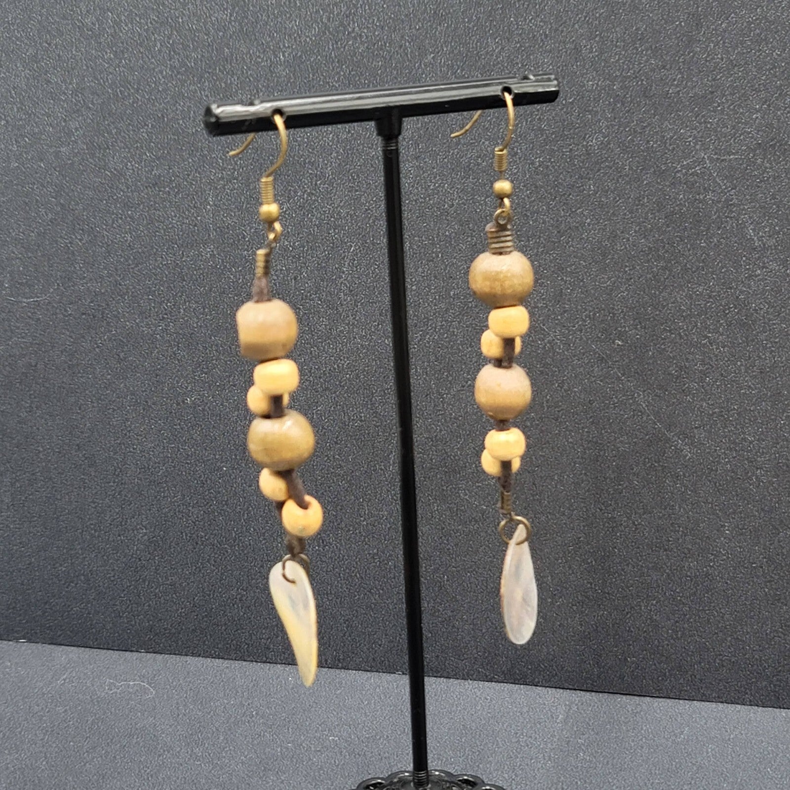 Boho Pierced Earrings Brown Cord Wooden Bead Shell Dangle 3"