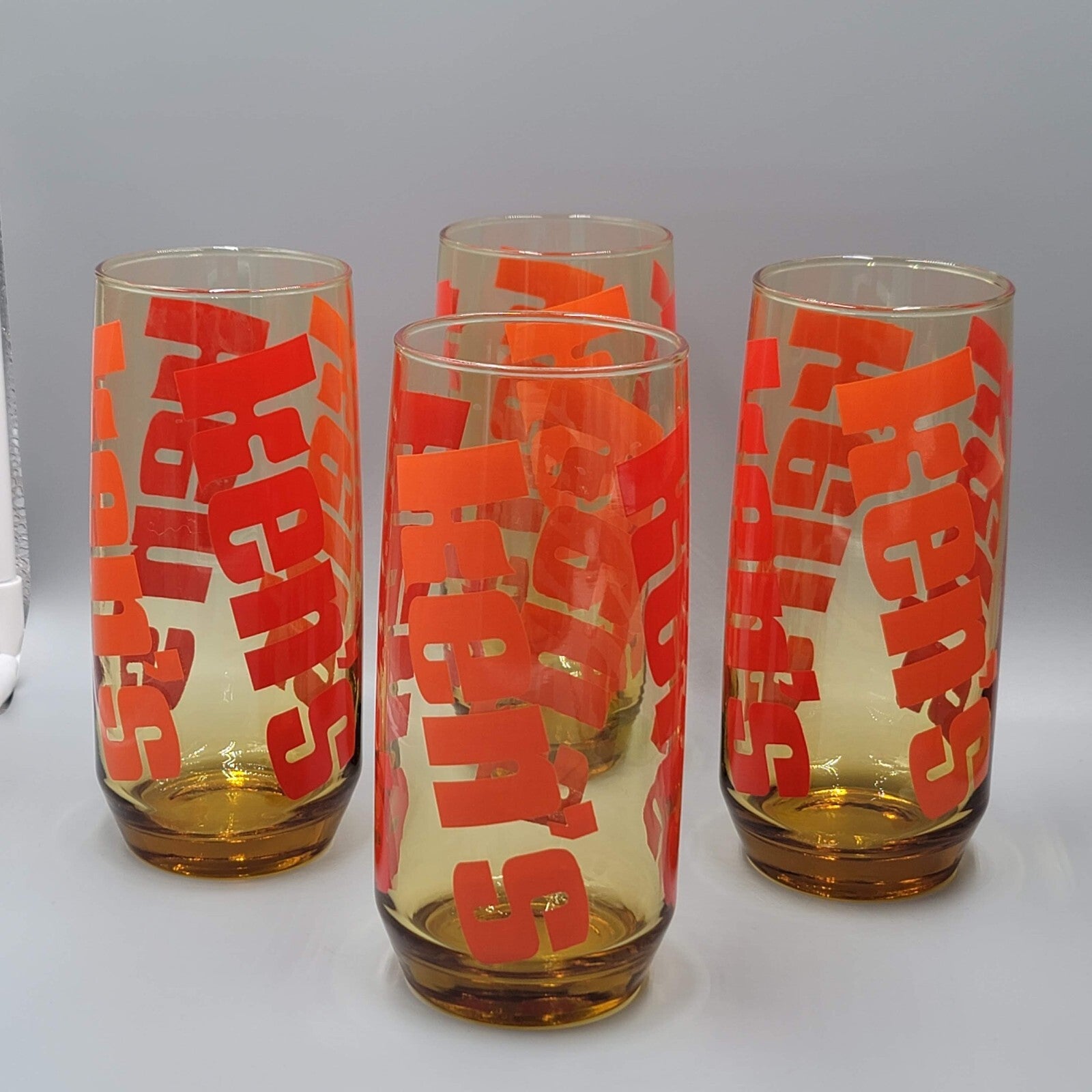 Vintage Kens Pizza Drinking Glass Amber Glass Orange Lettering Large 7" Set of 4