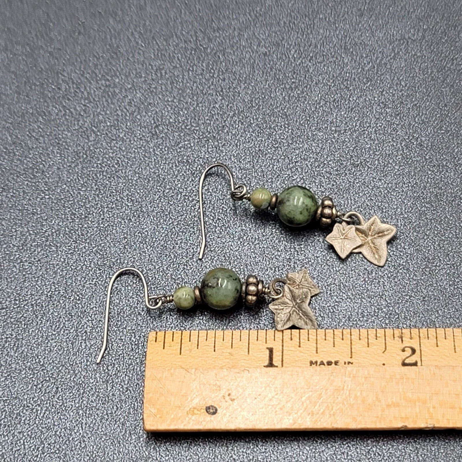 Pierced Earrings Silver tone Green Stone Dangle Leaves 1 3/8"