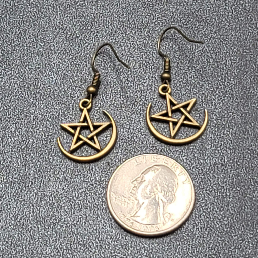 Pentagram Pierced Earrings Half Moon Star Bronze tone Dangle 3/4"