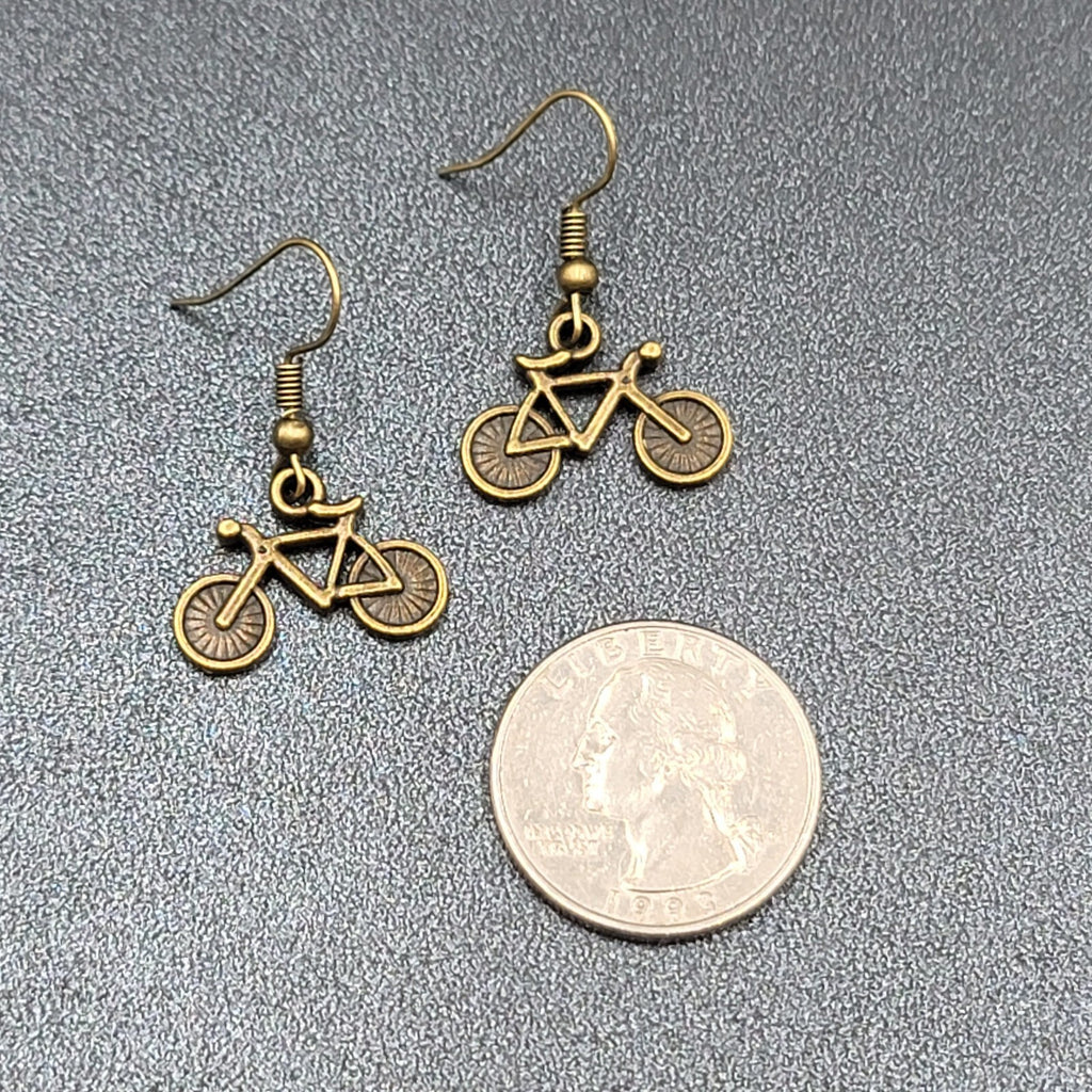 Bicycle Pierced Earrings Bronze tone Dangle 3D 5/8"