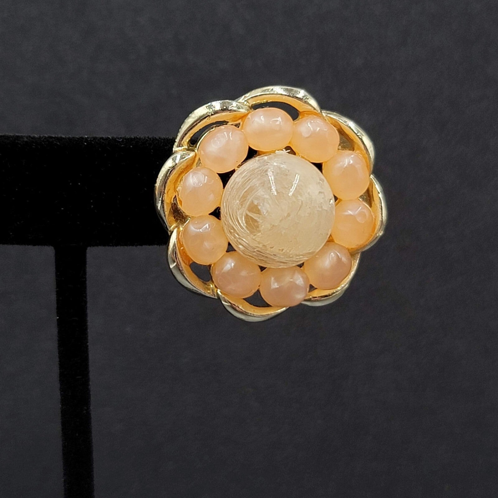 Vintage Coro Clip on Earrings Peach and White Cluster Bead 1 1/8"