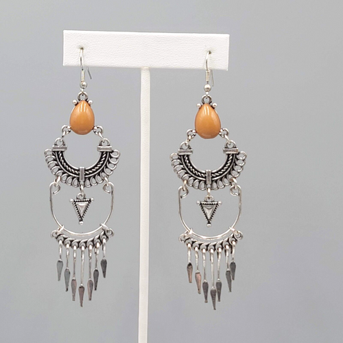 Boho Chandelier Pierced Earrings Silver tone Orange Accent 3 3/8"