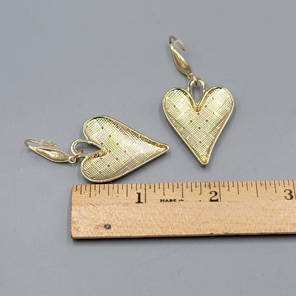 Blue Enamel Checkered Heart Pierced Earrings Gold tone Dangle Large 1.5"