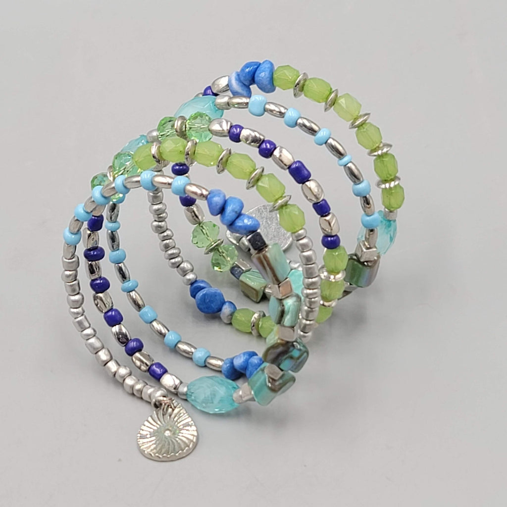 Green Blue Bead Wrap Bracelet Silver tone Memory Wire Shell Stone