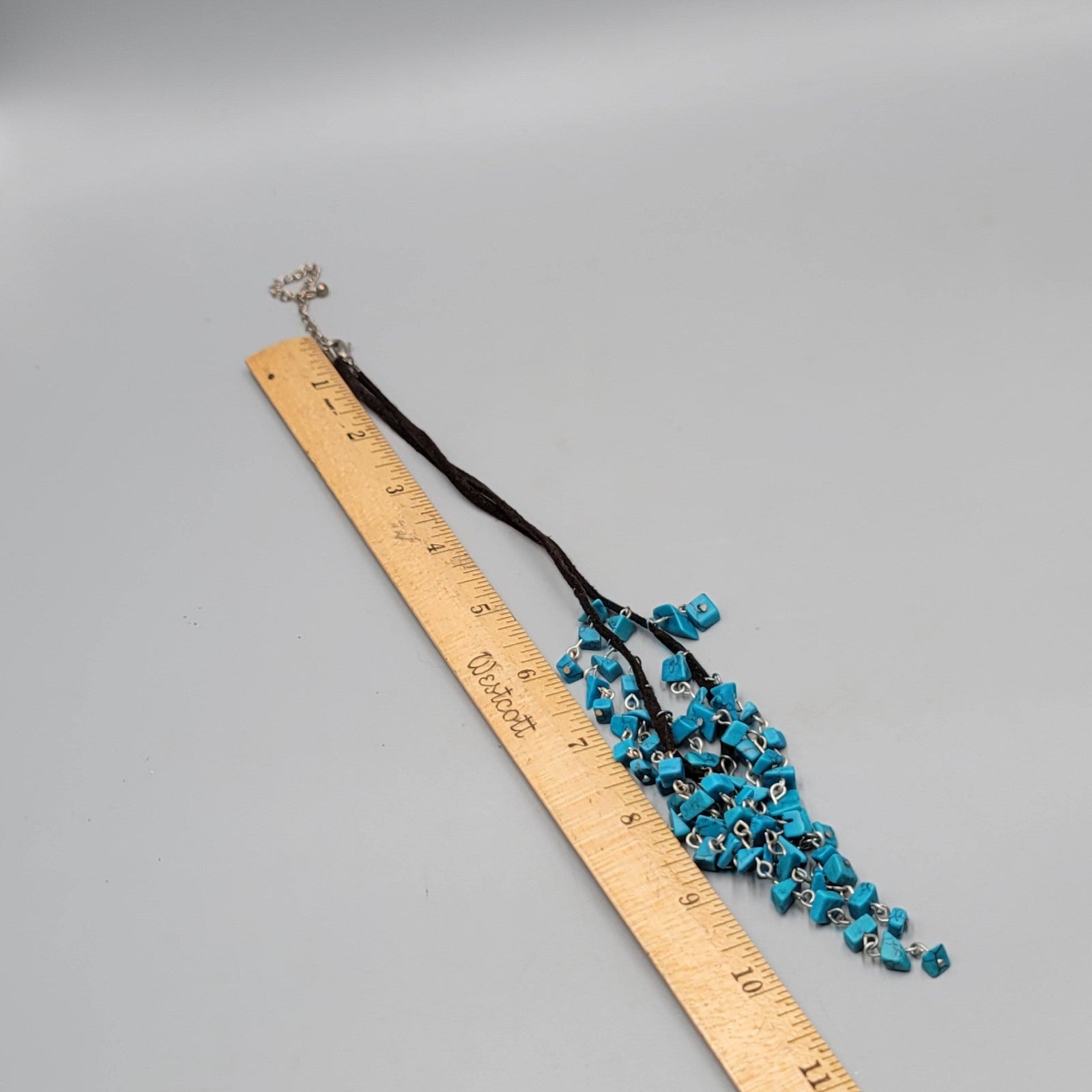 Blue Howlite Stone Chip Beads Waterfall Necklace Brown Suede Leather 16"-20"