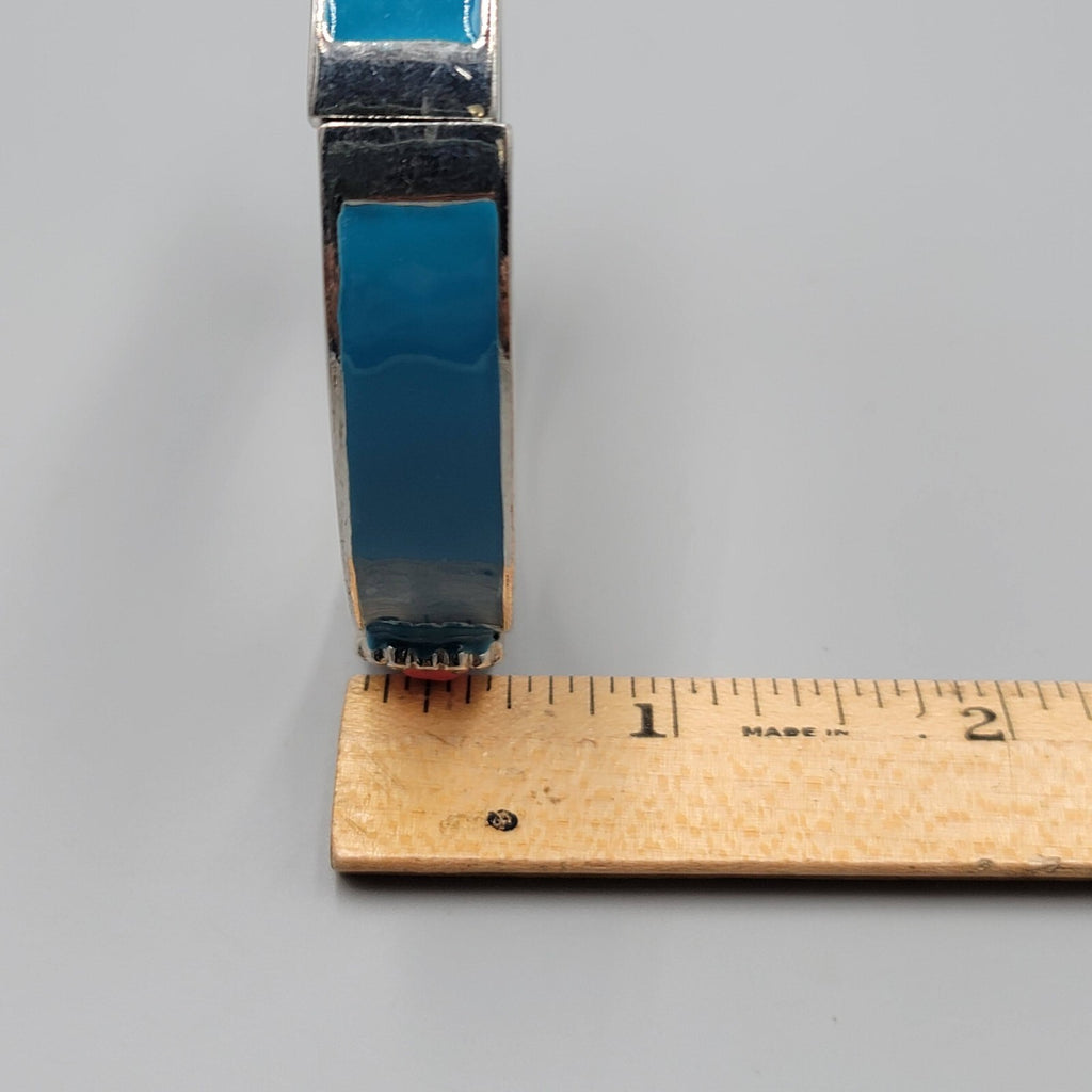Hinged Bangle Bracelet Silver tone Blue Enamel Pink Accent 7.25"