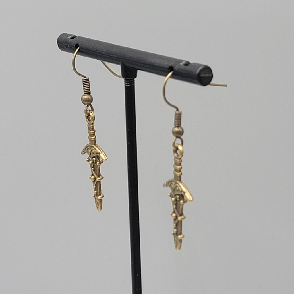 Fancy Embossed Dagger Pierced Earrings Bronze tone Dangle New 1"