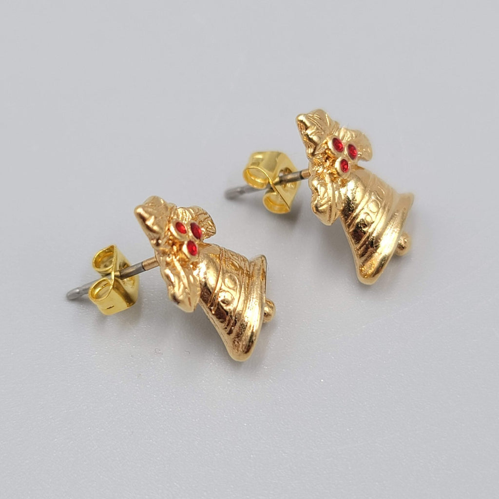 Vintage Christmas Bells Pierced Earrings Gold tone Red Rhinestone Studs 1/2"