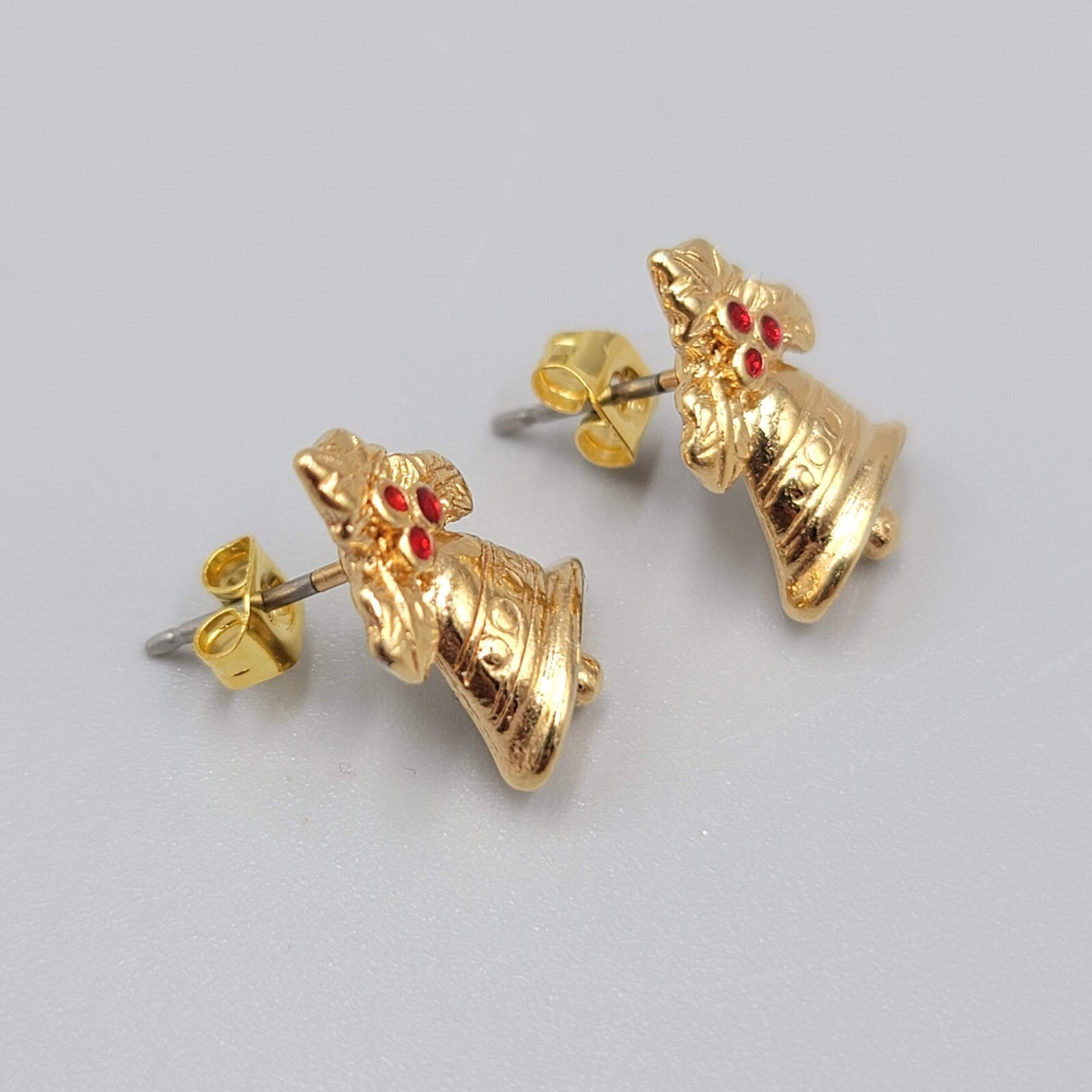 Vintage Christmas Bells Pierced Earrings Gold tone Red Rhinestone Studs 1/2"