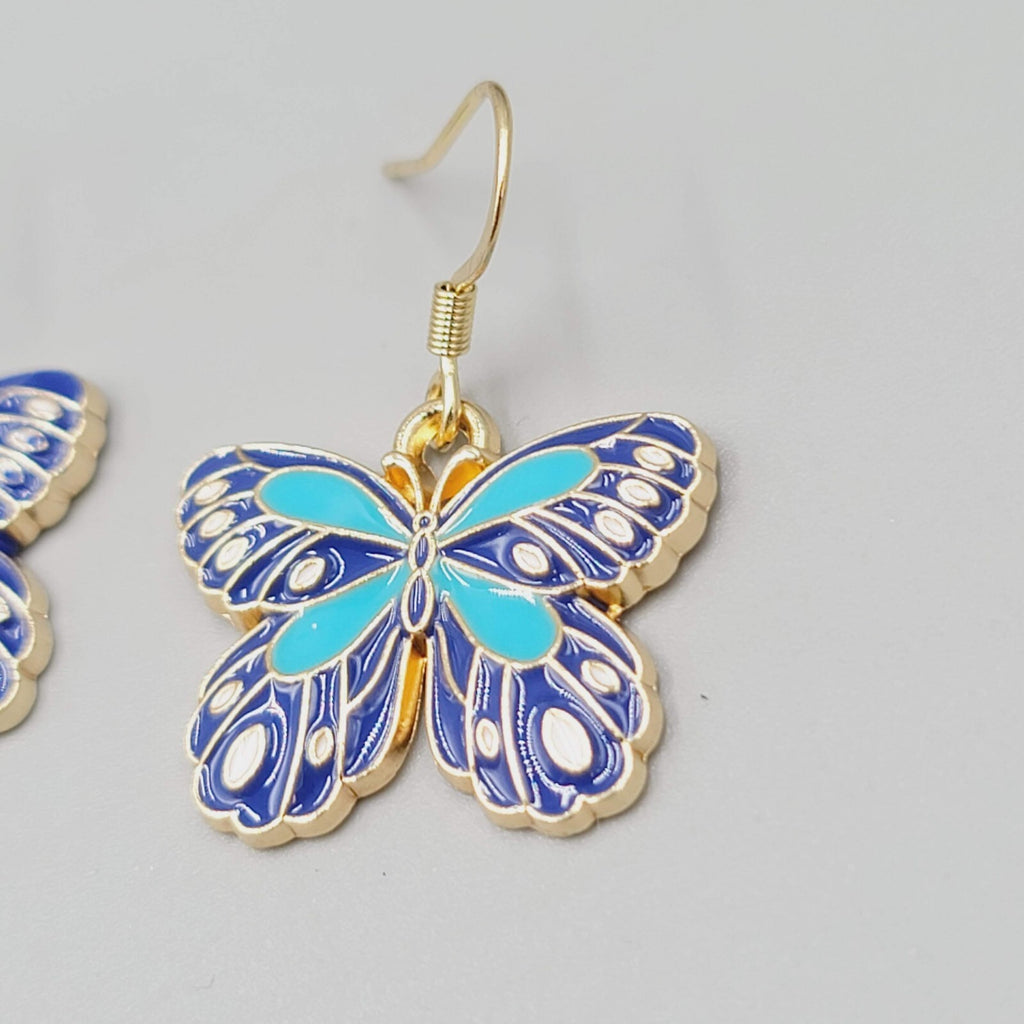 Blue Moth Enamel Pierced Earrings Gold tone Dangle Butterfly 3/4"