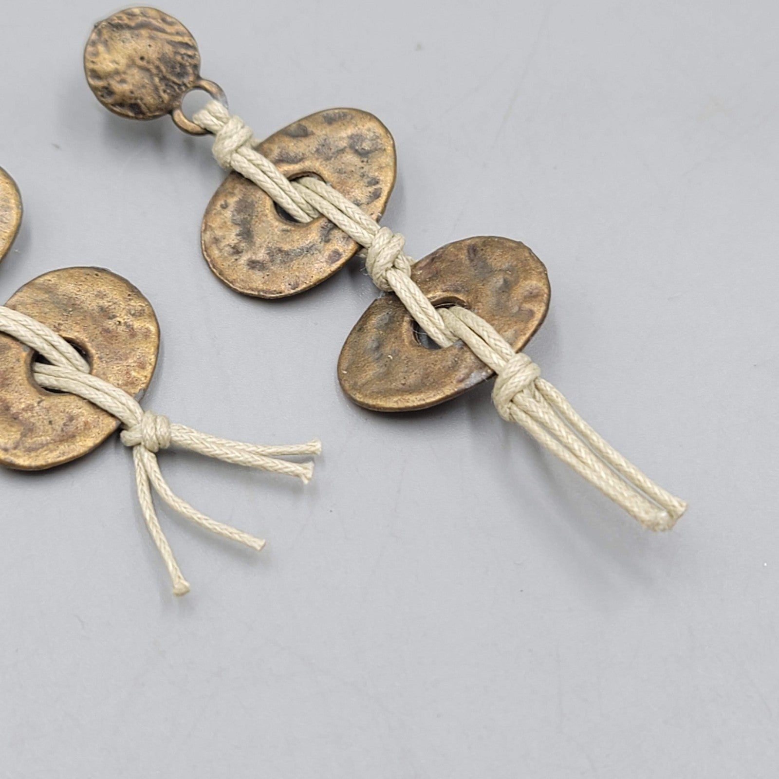 Bronze tone Drop Pierced Earrings Beige Cord Boho 3 in