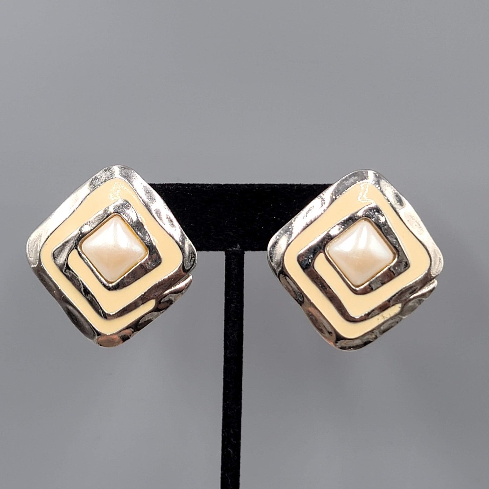 Vintage Pierced Earrings Silver tone Ivory Enamel Drop Square 1 5/8"