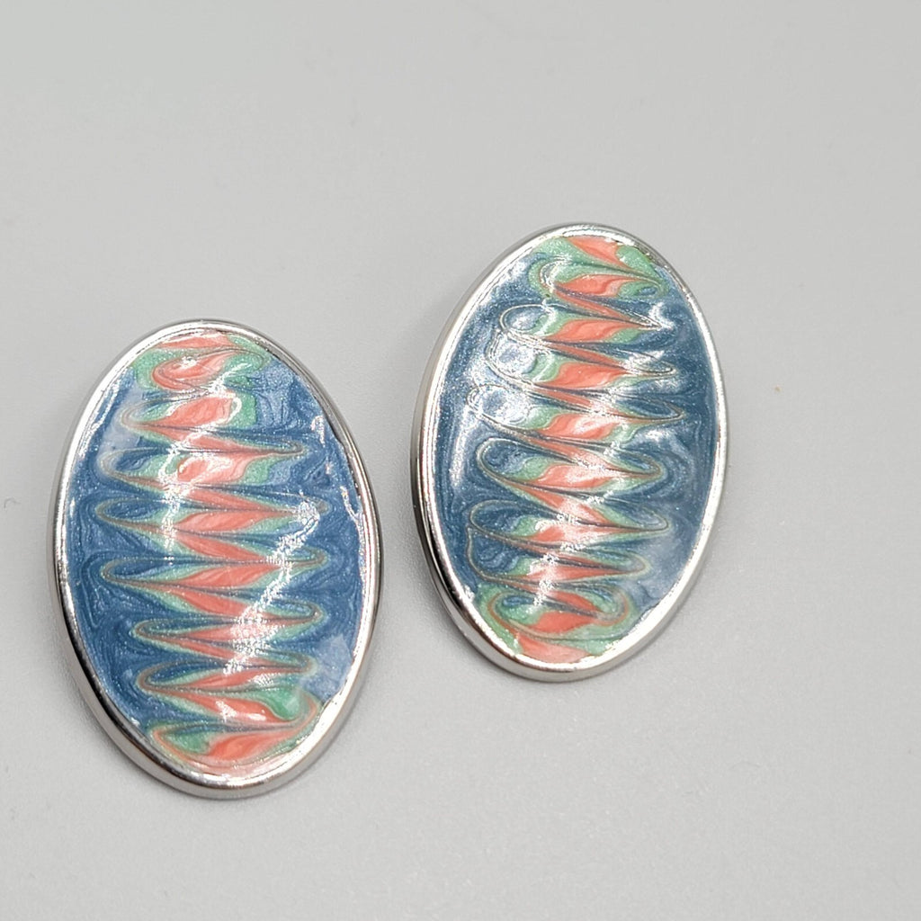 Vintage Pierced Earrings Pink Blue Enamel Silver tone Oval Drop 1 3/8"