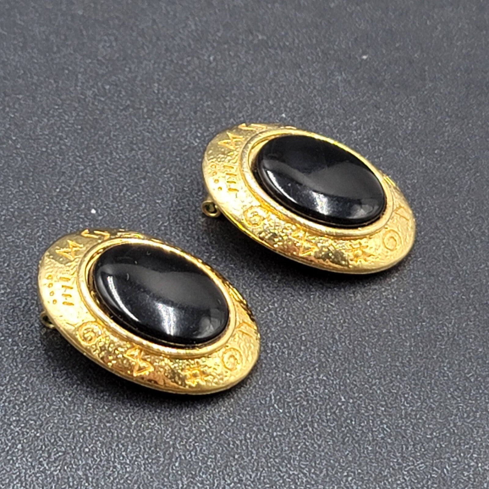 Vintage Runes Clip on Earrings Gold Plated Black Oval 1 1/8"