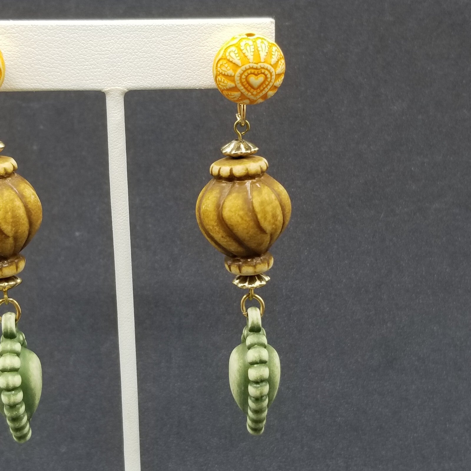Pierced Earrings Neutral Color Beaded Large Statement Dangle 3 1/2"