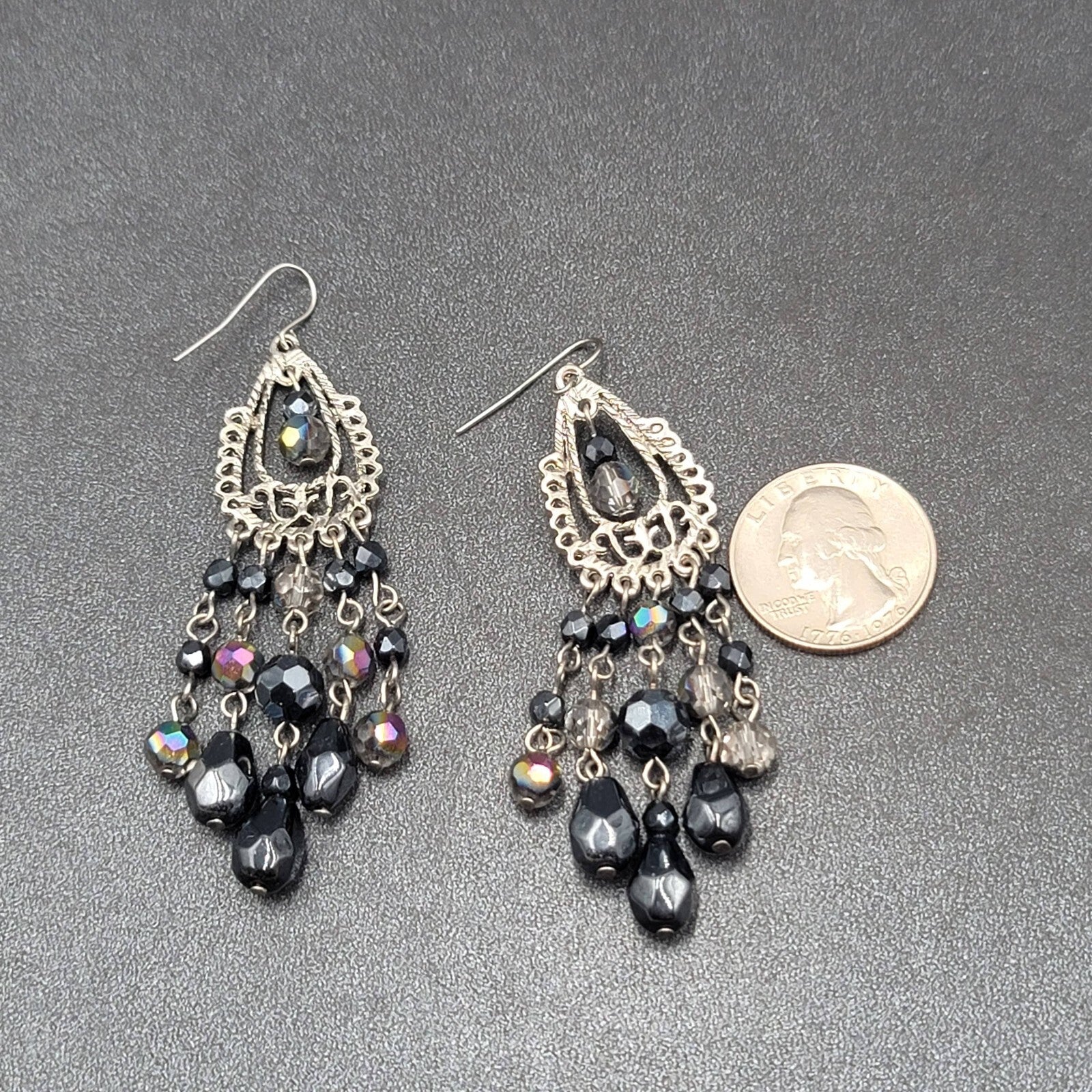 Pierced Earrings Silver tone Black AB Glass Beads Chandelier 3"