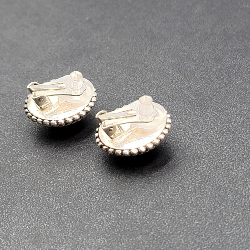 Vintage Clip on Earrings Silver Plated Black Stone Cabochon Studs 3/4"