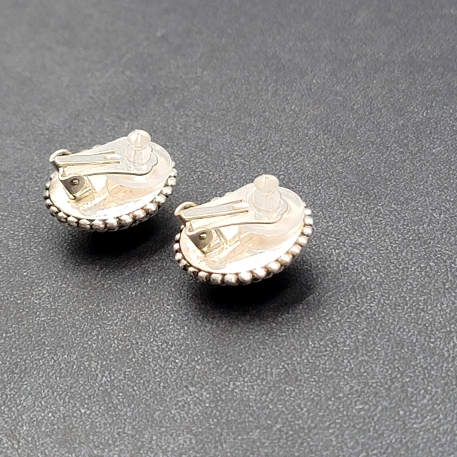 Vintage Clip on Earrings Silver Plated Black Stone Cabochon Studs 3/4"