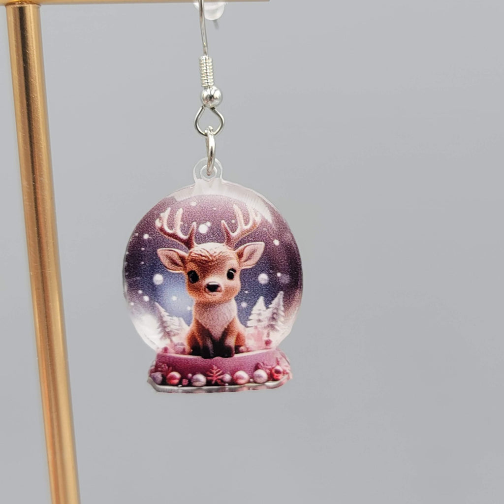 Christmas Snow Globe Reindeer Pierced Earrings Silver tone Dangle 1.25 in
