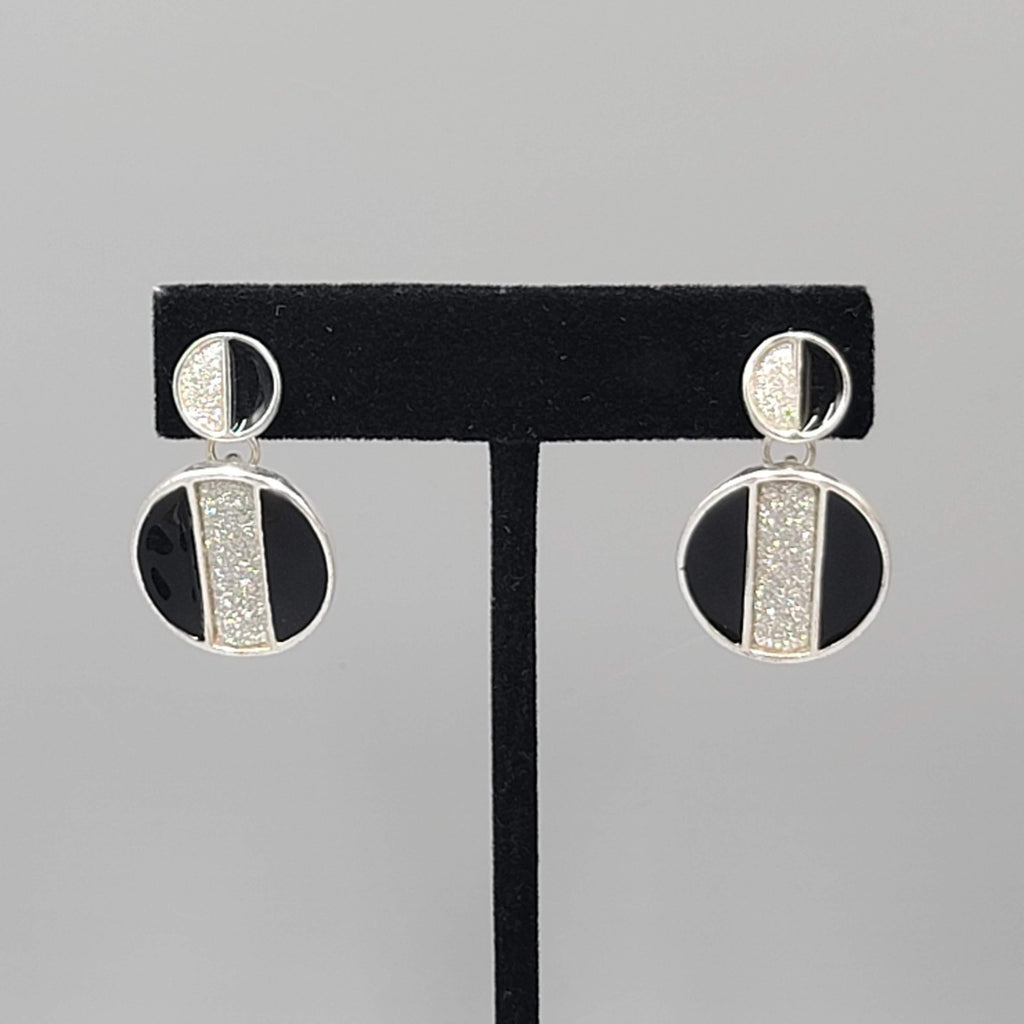 Pierced Earrings Silver tone Dangle Black Enamel Round 1 1/8"