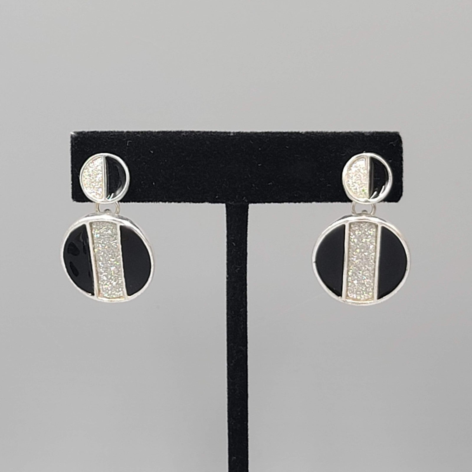 Pierced Earrings Silver tone Dangle Black Enamel Round 1 1/8"