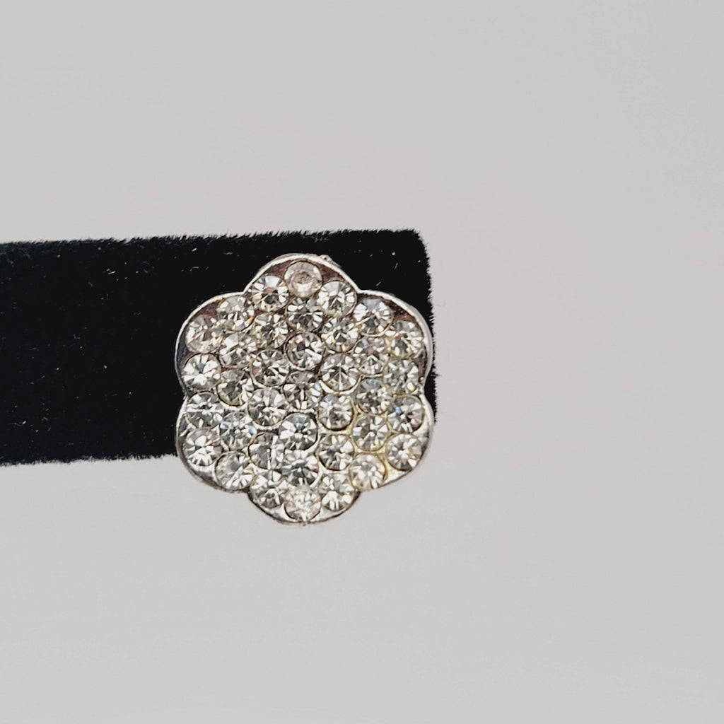 Vintage Rhinestone Flower Shape Clip on Earrings Silver tone 5/8 in