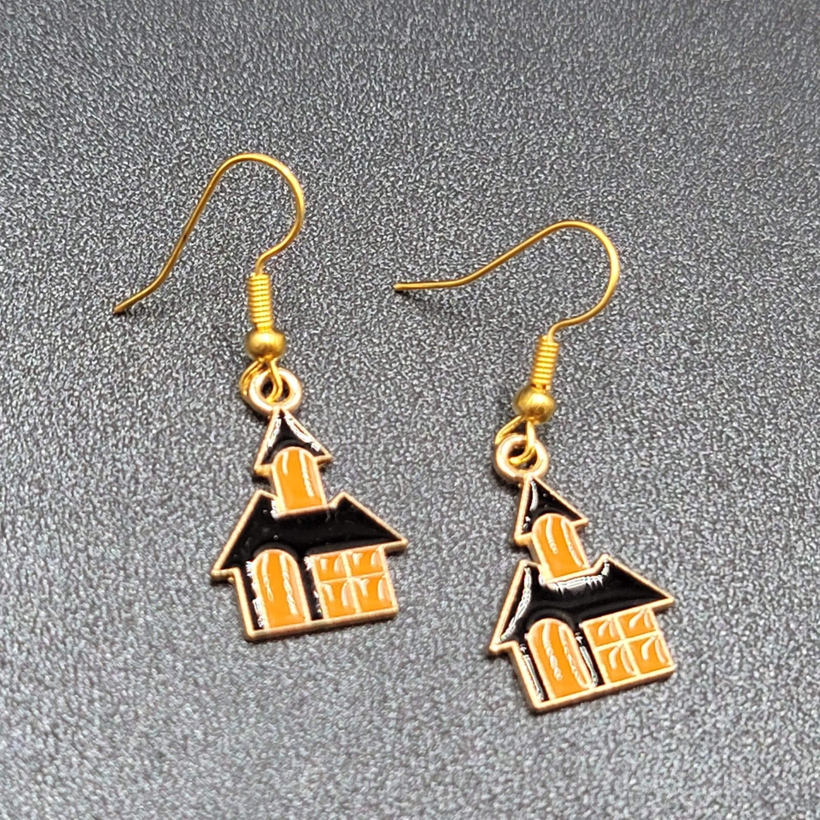 New Halloween House Pierced Earrings Purple Orange Enamel Gold tone Dangle 7/8"